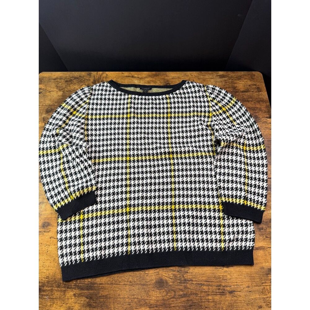 Ann Taylor Factory XL Houndstooth Plaid Sweater Black White Yellow Old Money EUC